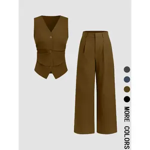 Women’s two-piece set featuring a solid-color vest and wide-leg pants; an elegant, fitted fashion casual outfit for daily outdoor wear; women’s clothing suitable for all seasons; suits; work office suit.