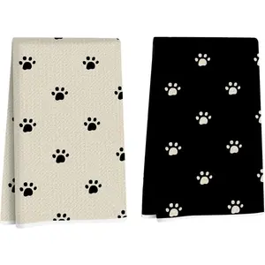 2 Pcs Cute Cat Paw Towels, Minimalist Art Decorative Absorbent Microfiber Dish Cloth Tea, Waffle Soft Hand Towels for Farmhouse, Cat Lover Gifts for