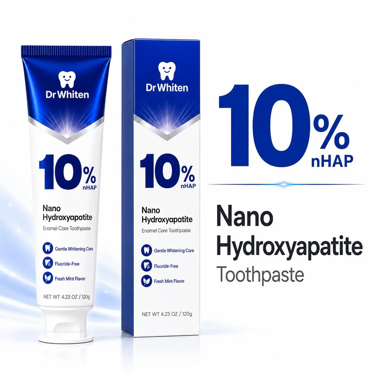 DrWhiten 10% Nano-Hydroxyapatite Toothpaste, 10%nHAP  Dentist-Recommended • Enamel Remineralization & Gentle Whitening • Fluoride-Free • Natural Peppermint Flavor • For Sensitive Teeth • Safe for All Ages