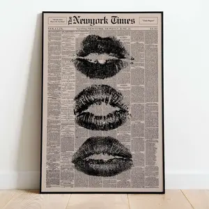 [UNFRAMED POSTER] Trendy Black Kiss Lips Newspaper Poster, Vintage Black And White Wall Art, Retro Aesthetic Print, Canvas Wall Hanging, Girly Wall Decor