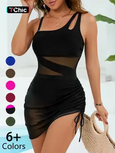 Women's Solid Color Mesh Insert One-piece Swimsuit, Casual Sleeveless Chic Swimwear for Beach Holiday Vacation, Ladies Swimsuit for All Seasons
