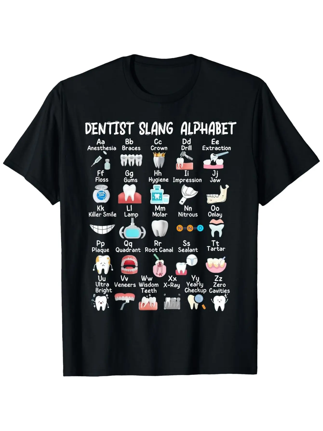 Funny Dentist Slang Alphabet T-Shirt with A-Z Dent unisex soft cotton short sleeve t shirt, vintage graphic casual tee for men women teens, perfect birthday holiday gift for camping travel gym daily street casual wear