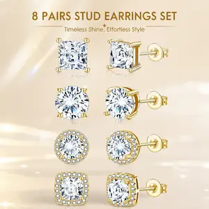 Unisex cubic zirconia stud earrings, 14K gold-plated hypoallergenic design, elegant birthday gift, party fashion jewelry, set of 8 studs with large diamond stones, studs for prom