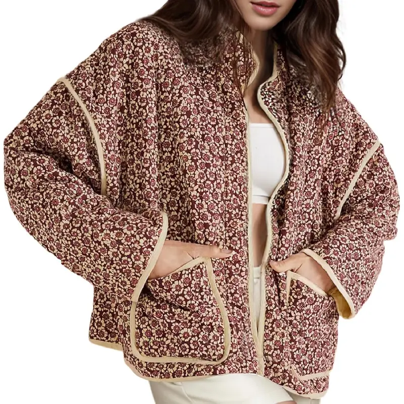 Women's Cropped Quilted Jacket Floral Print Puffer Jackets Open Front Lightweight Jacket Home leisure satin fabric, soft and comfortable to wear