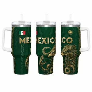 40oz (1,000-2,000 ml) 18/8 Stainless Steel Insulated Portable Travel Mug with Handle - Mexico Golden Eagle Snake Emblem, Mexican Flag, Aztec Pattern Dark Green Print - 24H Cold, 12H Hot, Proud Mexican Heritage Birthday Gift for Adults