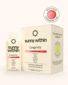 Longevity by Sunny Within - Strawberry-Lime Flavor (30 Pouches) - Liposomal Supplement containing: Glutathione, NAD+, CoQ10, Vitamin B12, Lactoferrin, MCT Oil, Choline for Antioxidant Support, Gut Health, Immunity Support, and Nervous System Support