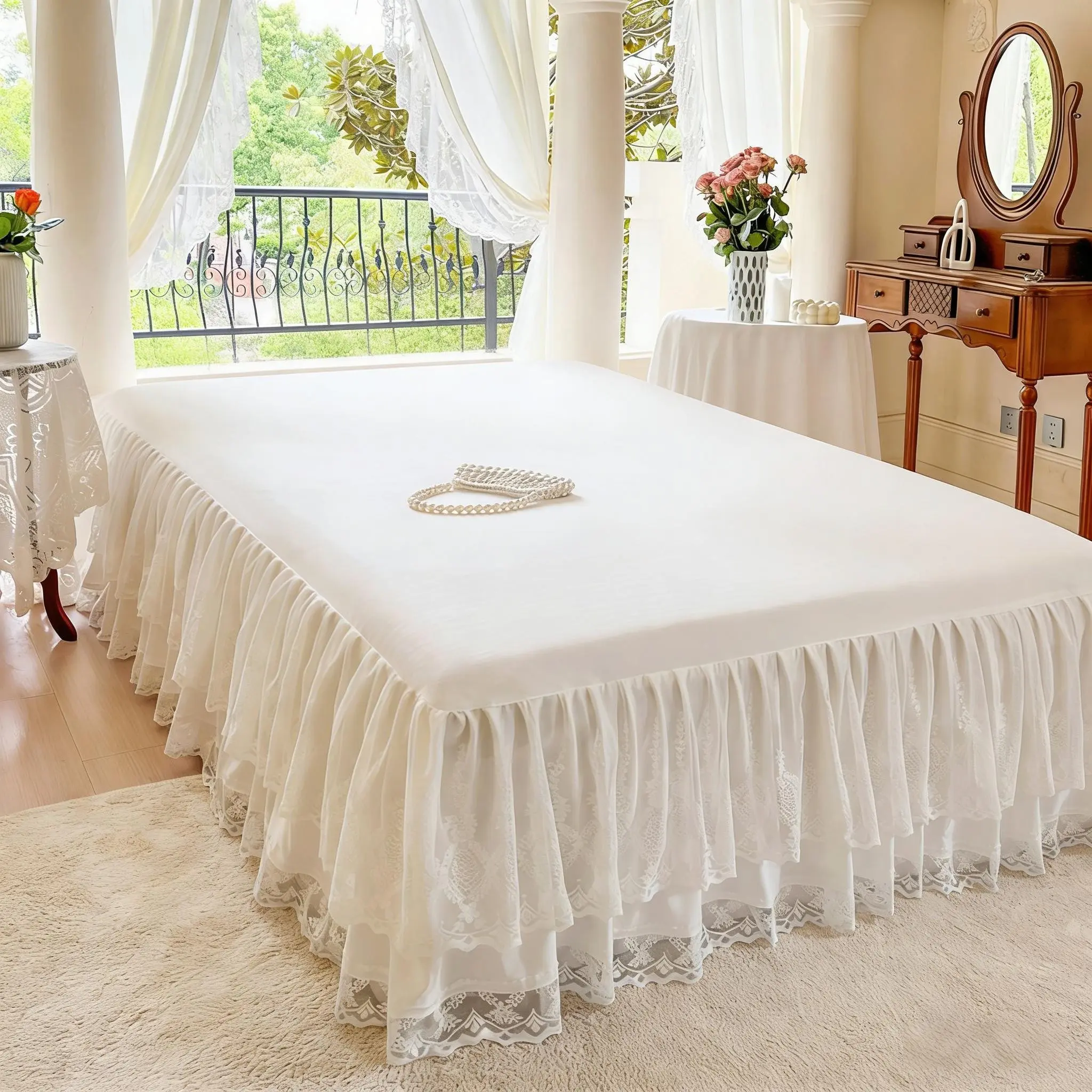 French Princess Luxurious Lace Bed Skirt, Elegant Warm Mattress Protector, All-Season Washable Bedding for Bedroom, Guest Room, Hotel or Dorm Decor