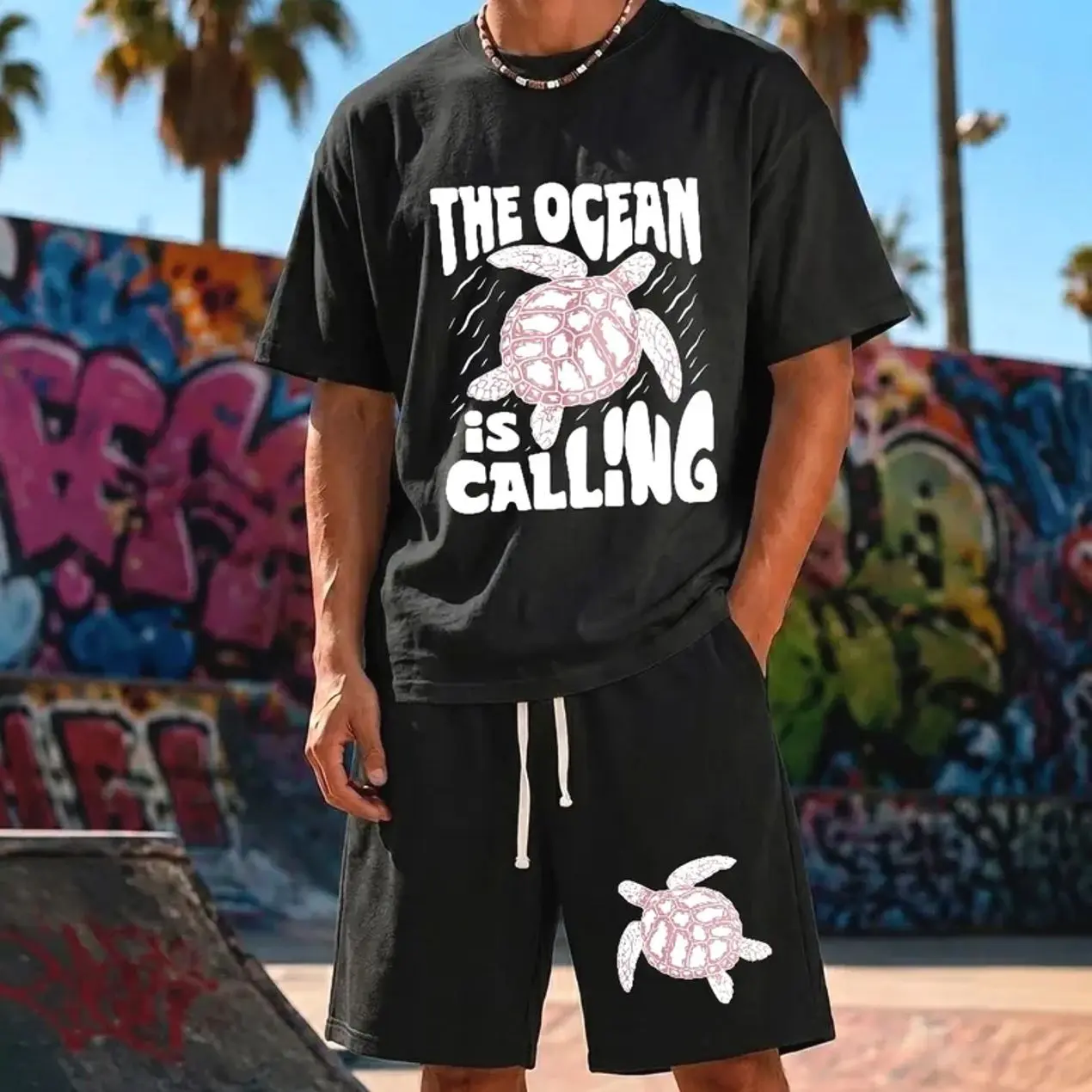 Men's Sea Turtle Graphic T-Shirt and Shorts Set: Vintage Surf Streetwear Outfit