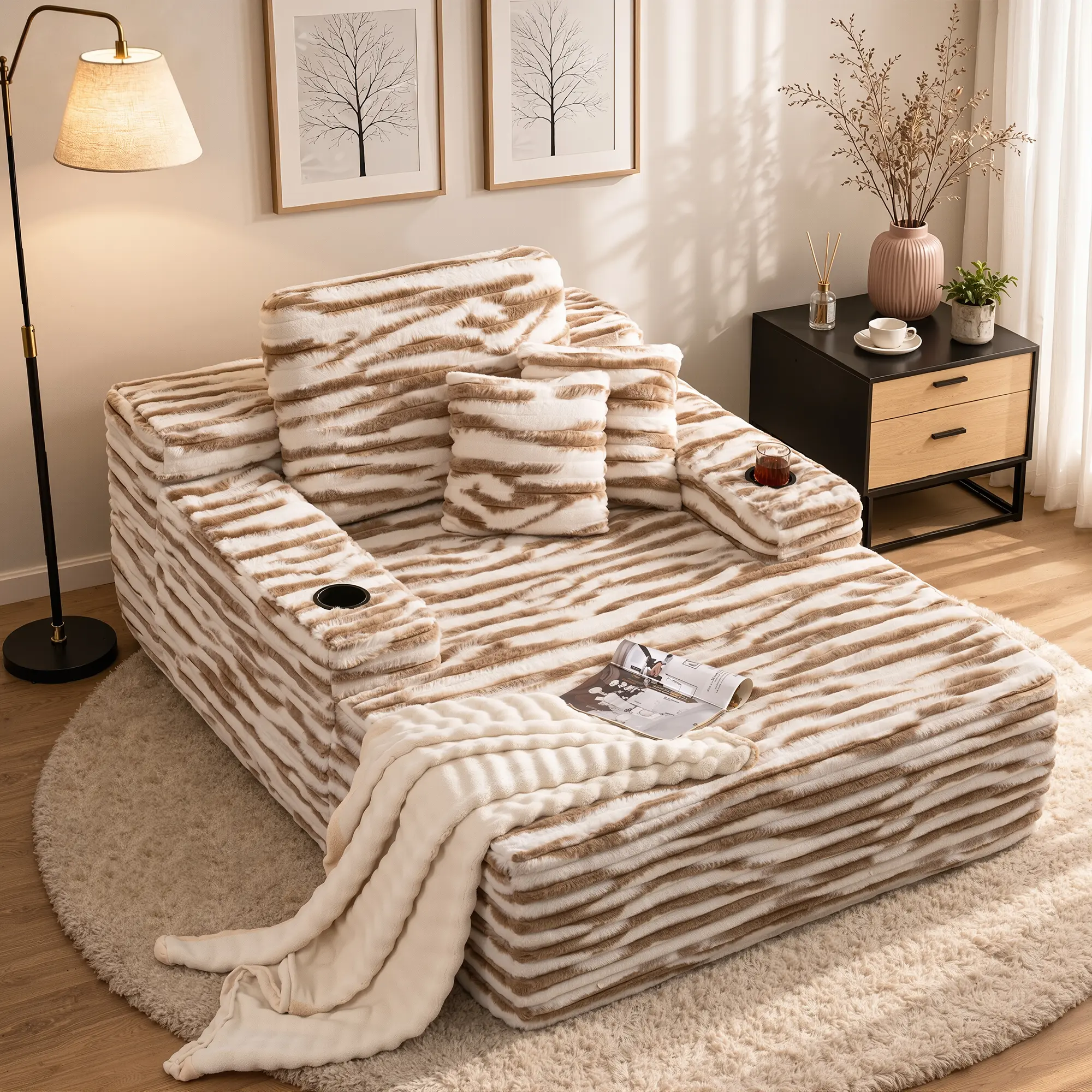 Zebra Plush 48”×67” Oversized Chaise Lounge Chair with Cup Holders, Boneless Couch Chair with 2 Pillows, Comfy Reading Chairs with Wide Arms, No Assembly Required Corduroy Couch Indoor, Sleeper Sofa for Living Room