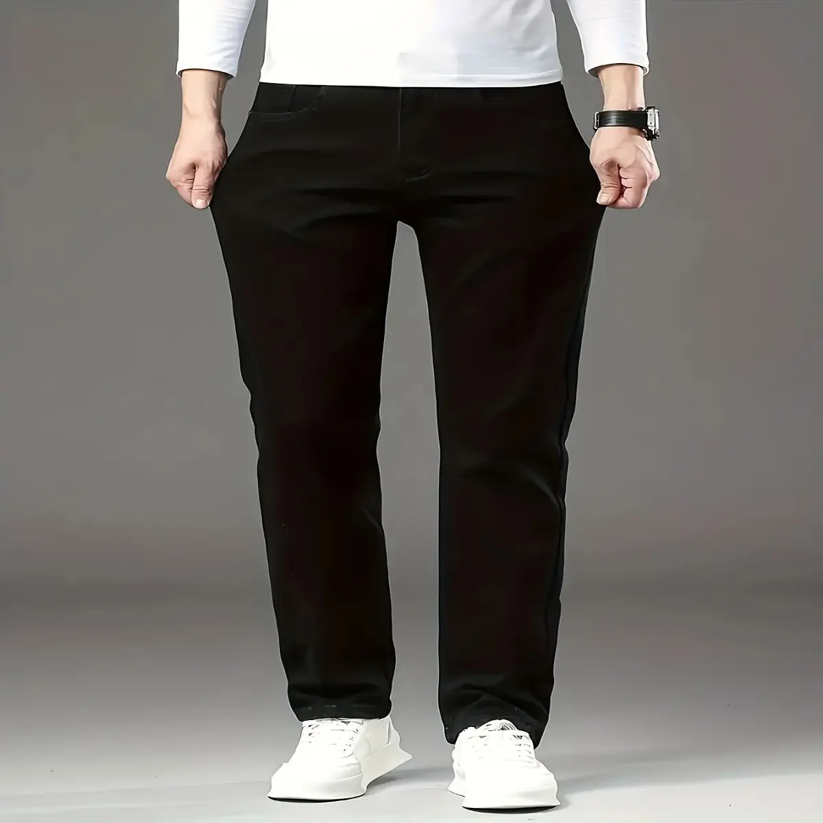 Men's Straight-Leg Business Casual Jeans - All-Vertical Stripes Dress Pants, Black Regular Fit, Hand Wash Only, All-Season Office & Formal Wear, Professional Attire, Timeless Design, Sturdy Material, Versatile Trousers, Corporate Wo