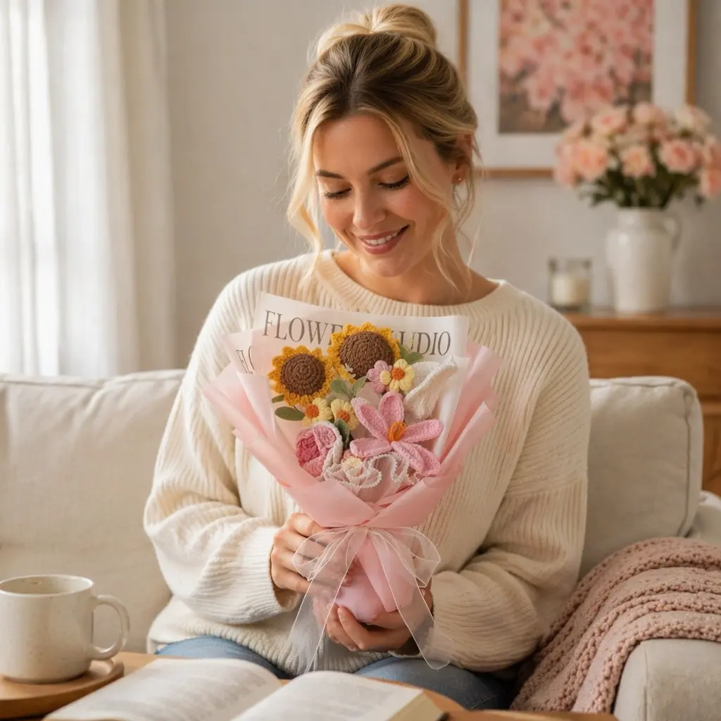 Crochet Flower Bouquet, Crochet Flowers for Graduation Gift, Handmade Sunflowers Tulips Roses 7Pcs, Wedding Bouquet, Home Decor, Anniversary, Birthday Gift for Women Wife Lover Friends (Sunflower)