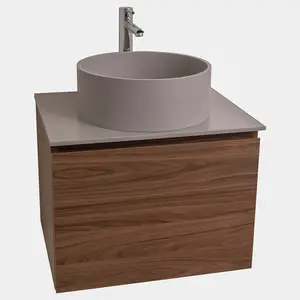 Venice 23.5 Walnut Wood Texture Cabinet, Solid Surface Flat Grey Counter And Round Solid Surface Grey Basin 1386, Wall Mounted Modern Vanity Set Waterfall Sink Bathroom