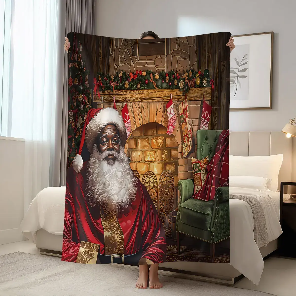 1pc African American Black Santa Claus Blanket, Comfortable Soft Flannel Warm Cover, Merry Christmas during Winter Christmas Holiday, Suitable for Sofa, Bed, Car, Room, Office, Party, Camping Cover, Perfect Christmas Gift Blanket