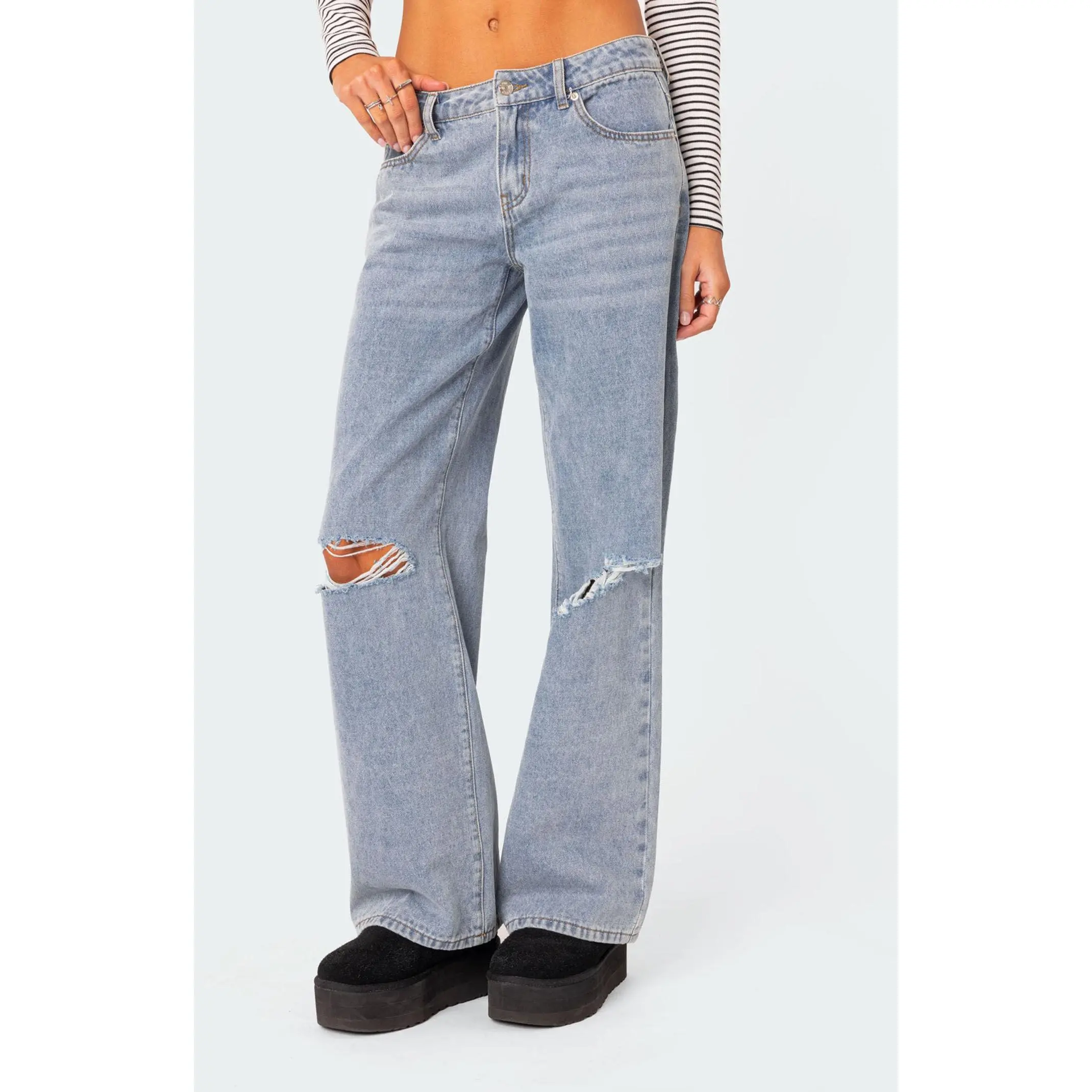 Edikted Women's Debbie Distressed Low Rise Baggy Jeans