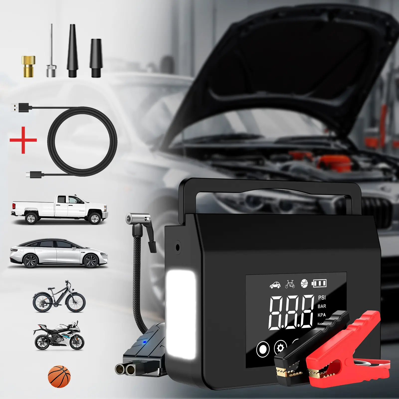HiEHA 4-in-1 Portable Jump Starter 4000A, 150PSI Air Compressor | 4000A Peak, 15000mAh Power Bank, LED Flashlight, 12V Car Battery Booster, Auto Shut-Off, Jumper Cables, for Car, Bike, Ball & Inflatables
