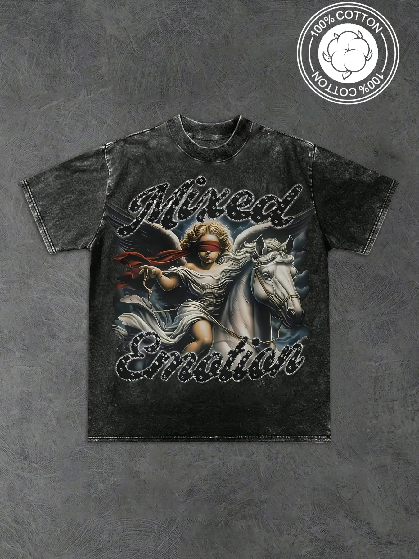 Unisex Loose Fit Washed Eye Cover Angel Riding Print Menswear T-Shirt, Mixed Emotion Rhinestone Font 100% Cotton Vintage Casual Fitted Streetwear Top