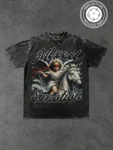 Unisex Loose Fit Washed Eye Cover Angel Riding Print Menswear T-Shirt, Mixed Emotion Rhinestone Font 100% Cotton Vintage Casual Streetwear Top