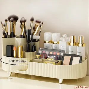 Rotating Makeup Organizer for Vanity with Brush Holder, Cosmetic Makeup Storage Organizer, Large Spinning Makeup Skincare Organizer, Countertop Makeup Perfume Organizer, Lotions Display Case (Ivory)