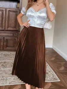 Women's Skirt Midi Satin Solid Pleated Skirt Spring Summer 2026 Elegant Minimalist Style Brown Beige High Waist Skirts For Women Streetwear Looks & Fashion Reels skirts