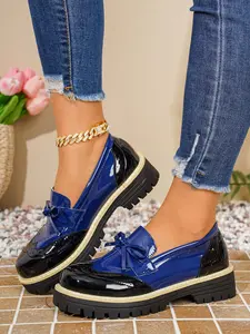 Women's Lacquer Leather Loafers Flat Walking Shoes, Spring/summer New Design, Butterfly Knot Detail, Thick Sole Anti-Slip Comfortable Shoes