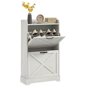 HOMCOM Slim Shoe Cabinet for Entryway, Farmhouse Hidden Shoe Storage Cabinet with 2 Flip Drawers and Adjustable Shelves for 8 Pairs of Shoes, Distressed White