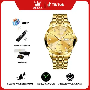 OLEVS Watch for Men Diamond Business Dress Analog Quartz Stainless Steel Waterproof Luminous Date Two Tone Luxury Casual Wrist Watch Blue
