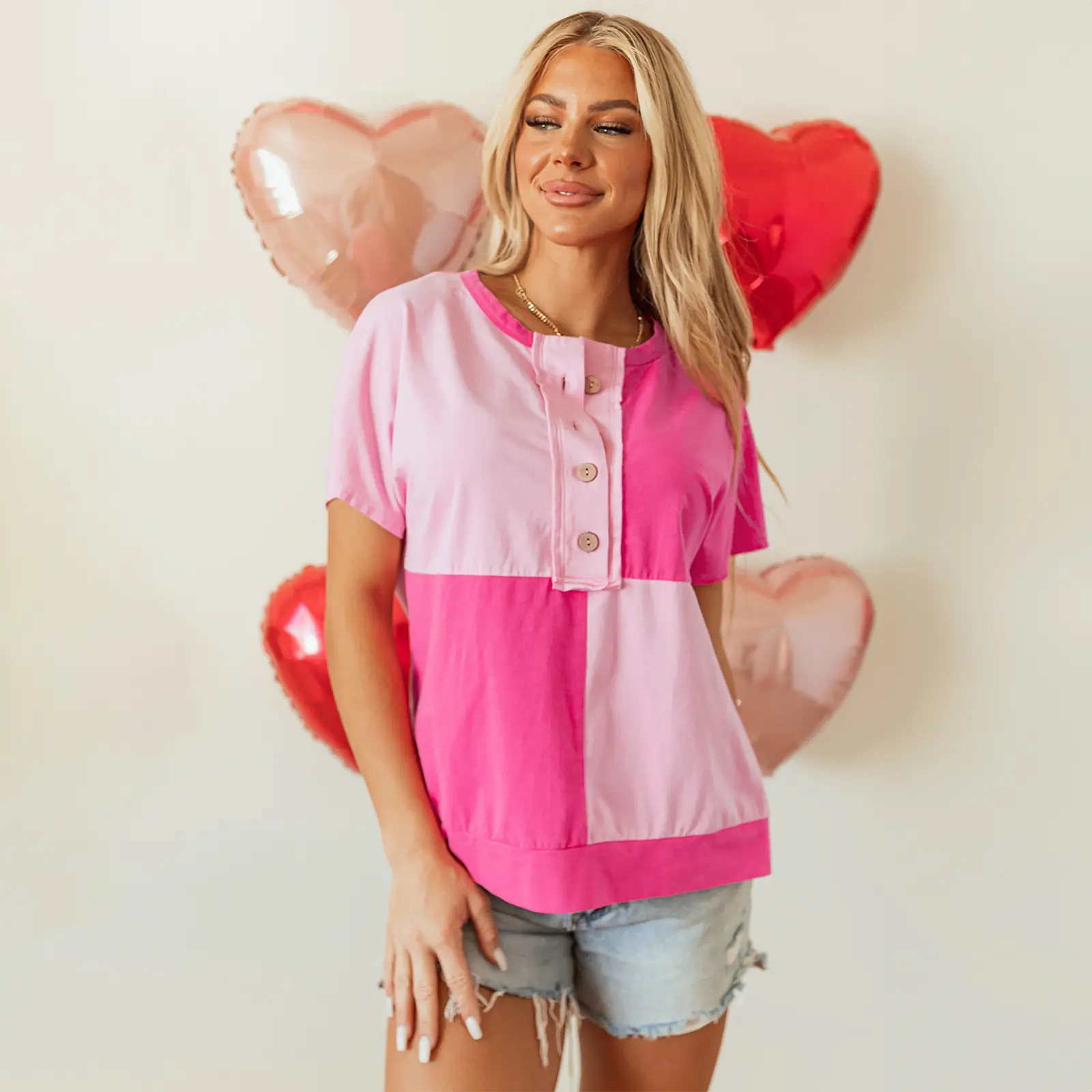 Women's Colorblock Short Sleeve Regular & Plus Size Henley Top