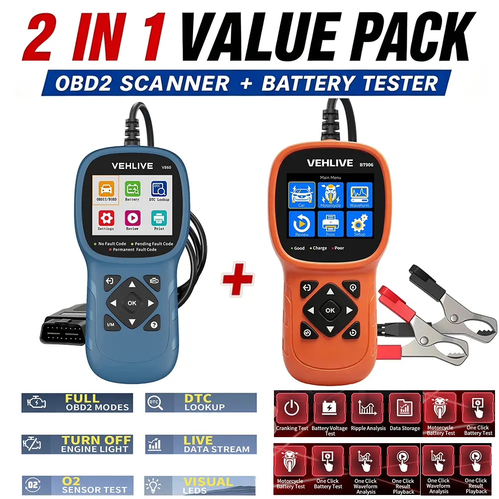 2 in 1 OBD2 Scanner with 6V 12V 24V Battery Tester, Check Engine Light Code Reader, Car Battery/Starter/Charging System Test, Live Data Diagnostic Tool for 1996+ OBDII Vehicles