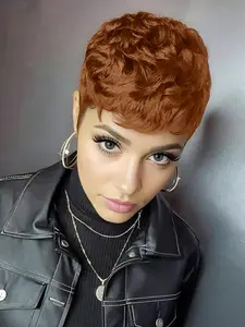 pixie layered pixie cut human hair wig short straight human hair wig black blonde burgundy brown color machine made pixie wig daily party use human hair wig for women stylish gift wig Machine Made Wigs