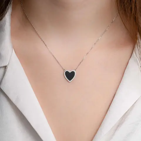Women 18k Gold Plated Pendant Heart Necklace Black Onyx Heart Necklace,Gift For Her, Daily Wear Necklace