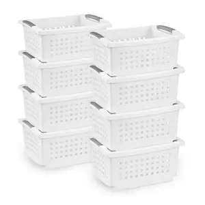 Sterilite Medium Stacking Basket, Open Top Storage Bin w/ Handles, 8 Pack, White