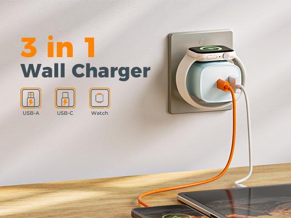 Charging Blocks for Apple Watch, 3-in-1 PD 20W USB C Charger Block with Built-in Wireless Watch Charging, Dual Ports Wall Charger Compatible with iPhone,iWatch