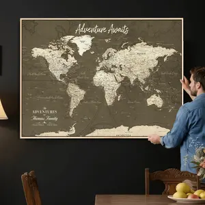 Personalized Push Pin World Map Canvas Print – Custom Travel Tracker Wall Art, Large World Map Decor for Home, Office