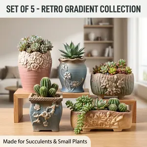 5-Piece Retro Relief Succulent Pots Set - Gradient Glazed Ceramic Planters with Drainage Holes - Hand-Carved Floral Designs, Vintage Home Decor for Desk & Windowsill, Gift for Plant Lovers
