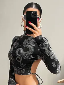 Small High Neck Printed Dragon Pattern Backless T-Shirt, Stylish Casual Wear for Women, Comfortable and Trendy Design