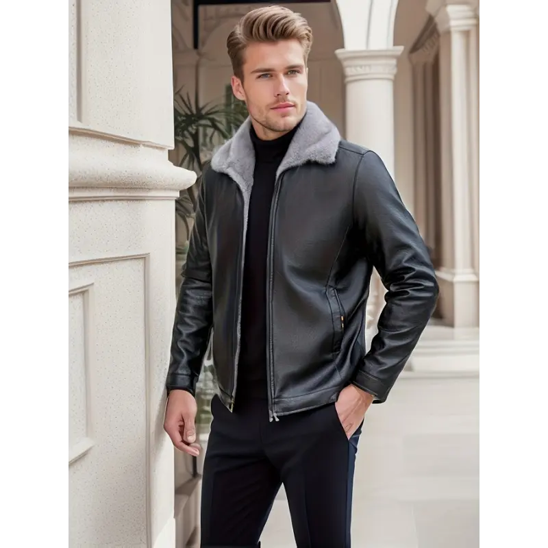 [Long Sleeve Fleece-Lined Leather Jacket] Men'S Casual Fleece-Lined Faux Leather Jacket, Solid Color, Long Sleeve, Zipper Closure, Loose Fit, Regular Sleeve, Non-Stretch Fabric, Polyester Lining, Lapel Collar, Casual Style, with Pockets - P