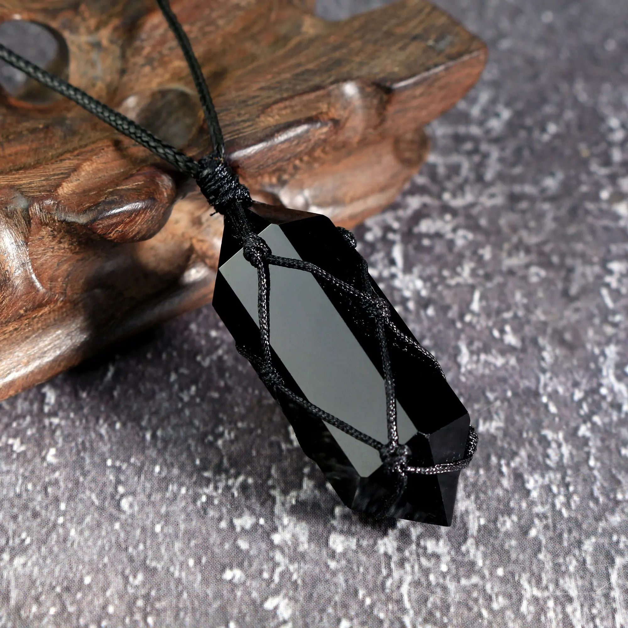 Unisex Natural Warp Black Obsidian Talisman Necklace - Double-Point Healing Stone Pendant, Adults' Spiritual Crystal Jewelry Gift for Daily Wear, Reiki Protection Fashion Accessory, Spiritual Jewelry