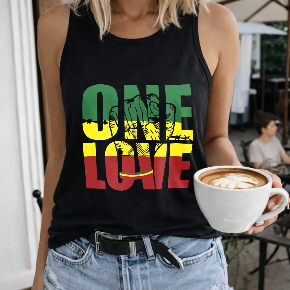 One Love Rasta Fist Design Women's T-Shirt Crew-neck Sleeveless Vest Outdoor Casual Short Sleeve
