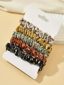 Set of 5 Latte-colored small elegant floral design hair ties with flat clips—highly elastic, colorful, and premium-quality