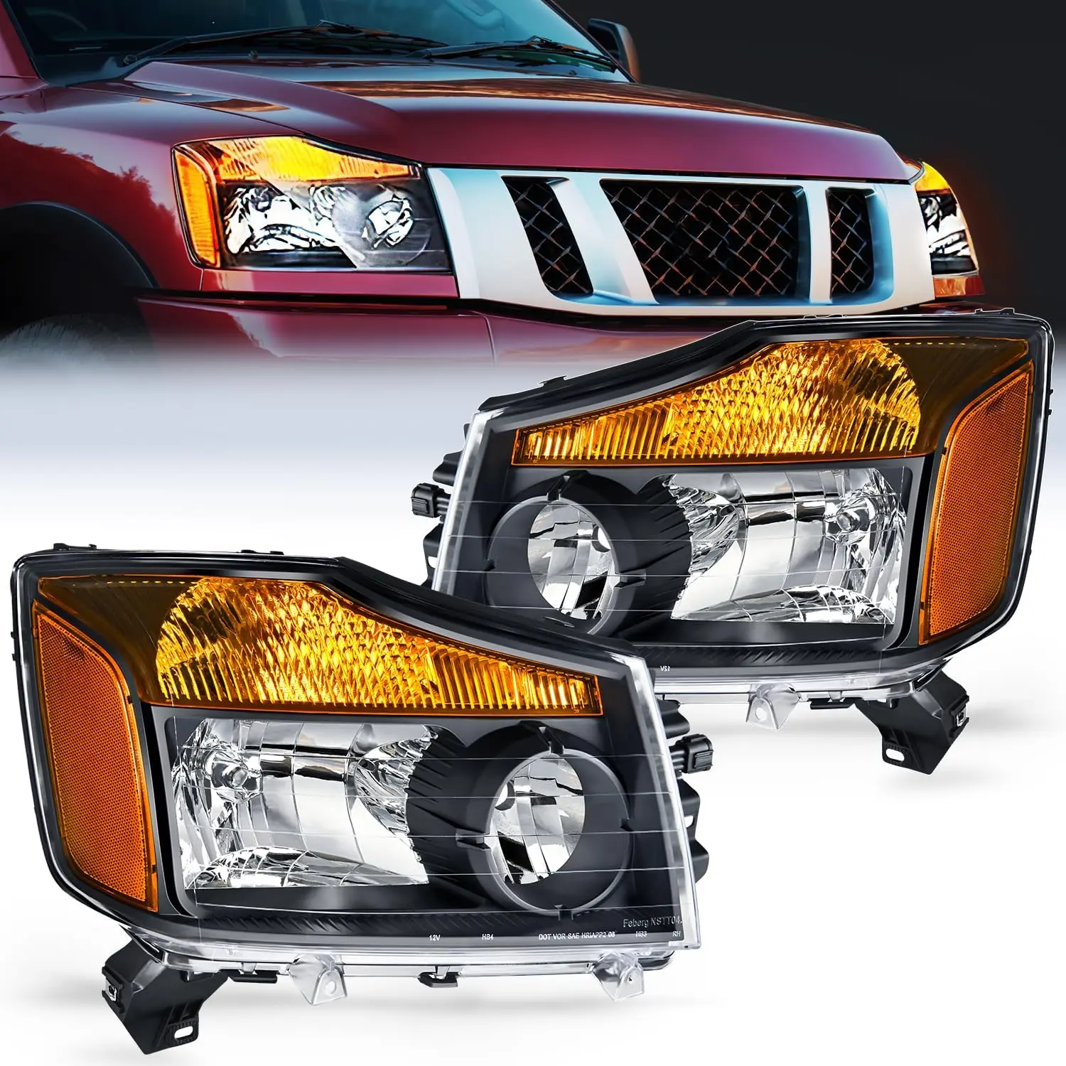 Nilight High Lumen Car Headlight Assembly - Compatible with 2004-2015 Nissan Titan, Armada, Black Housing, Amber Reflective, Adjustable Brightening LED Backlights, Secure Replacement Headlamp