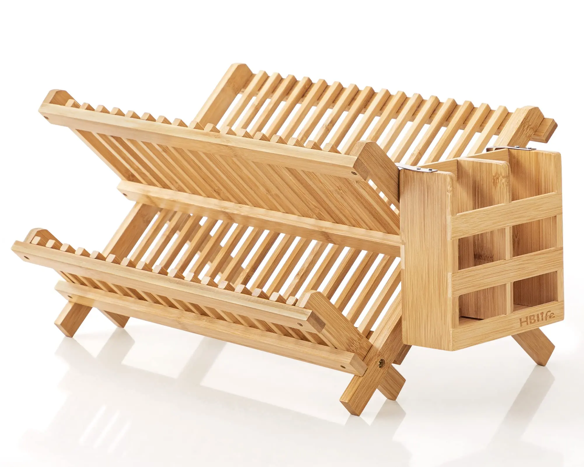 Bamboo 2-Tier Folding Collapsible Dish Drying Rack, Multi-Layer Kitchen Drainer with Detachable Utensil & Flatware Holder