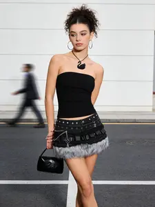 Women's Punk Gothic Casual Denim Mini Skirt, Lace Patchwork Faux Fur Hem, Metal Chain Decoration, Perfect for Music Festivals and Dates, Womenswear, Fit, Aesthetics