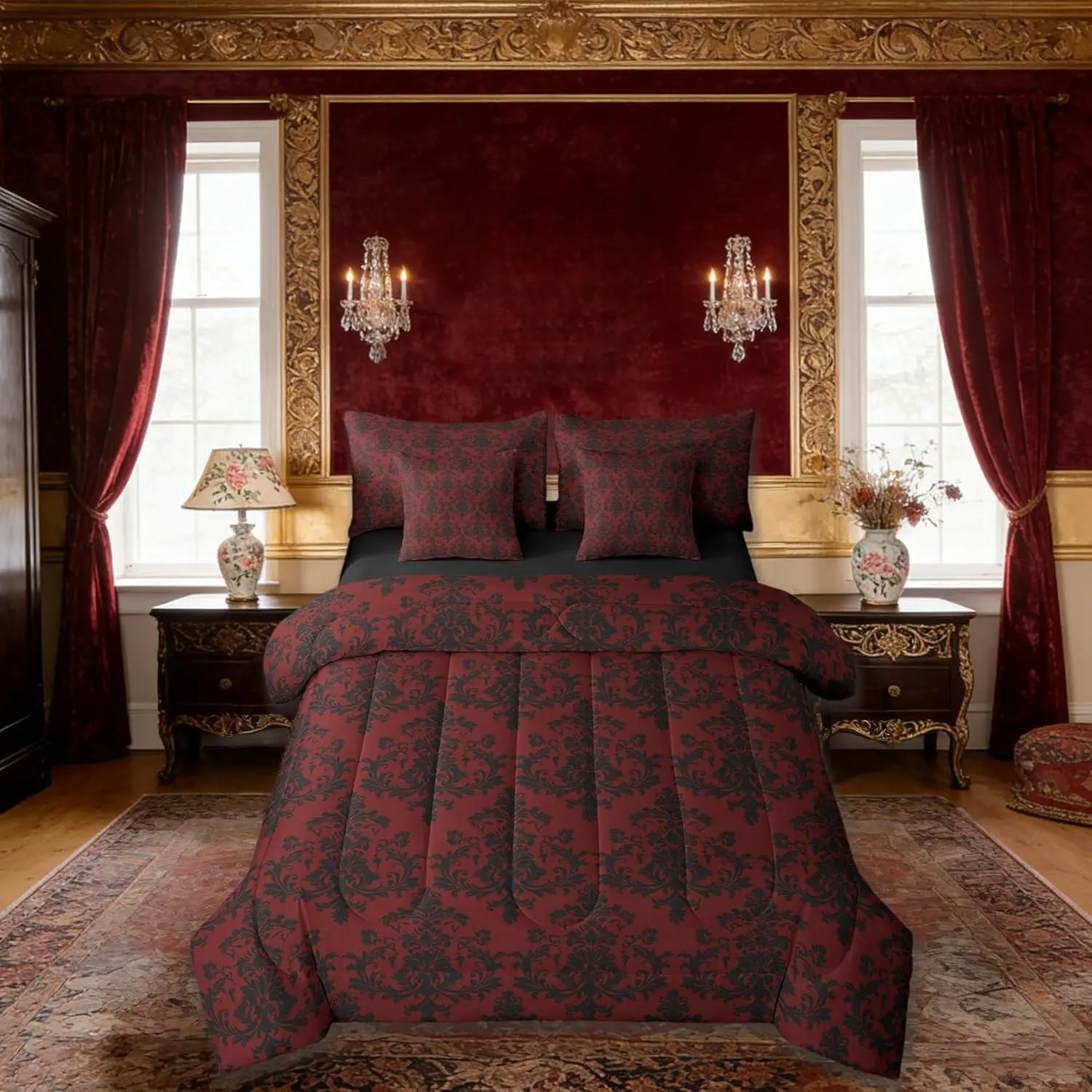 Red Black Damask 7 Pieces Comforter Set,Vintage Gothic Lace Floral Print Reversible Quilt Set,Antique Victorian Baroque Boho Style Bedding Set with Comforter,Sheet,Pillowcase