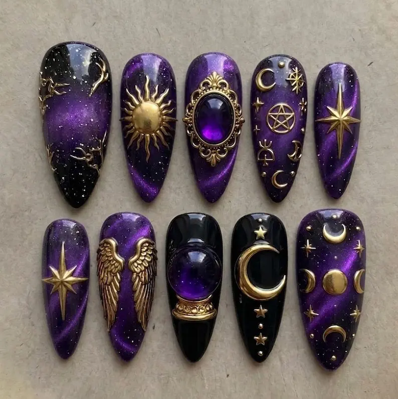 Handmade Celestial Witch Press On Nails, Purple Galaxy Moon Star & Crystal Orb Design, Astrology Fantasy Luxury Almond Fake Nails
