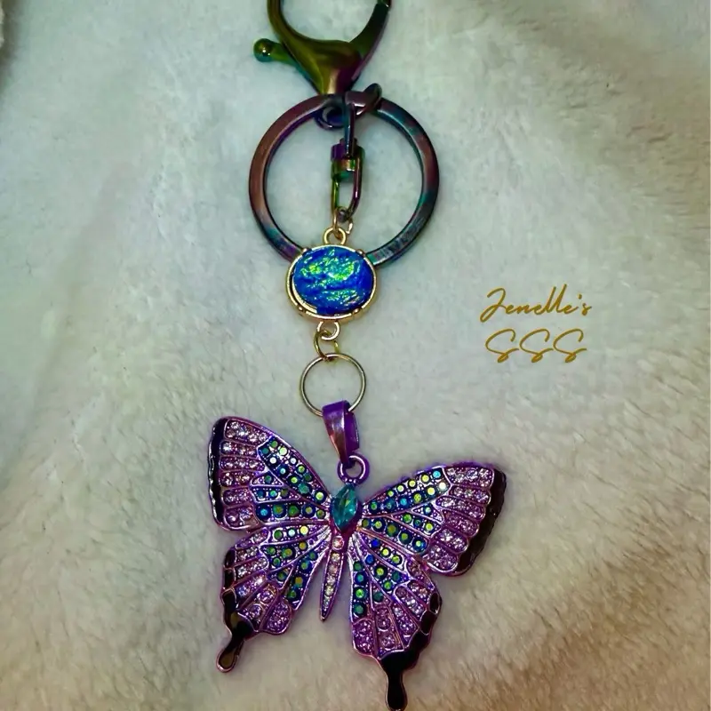 Purple and blue rhinestone butterfly keychain fashion accessory