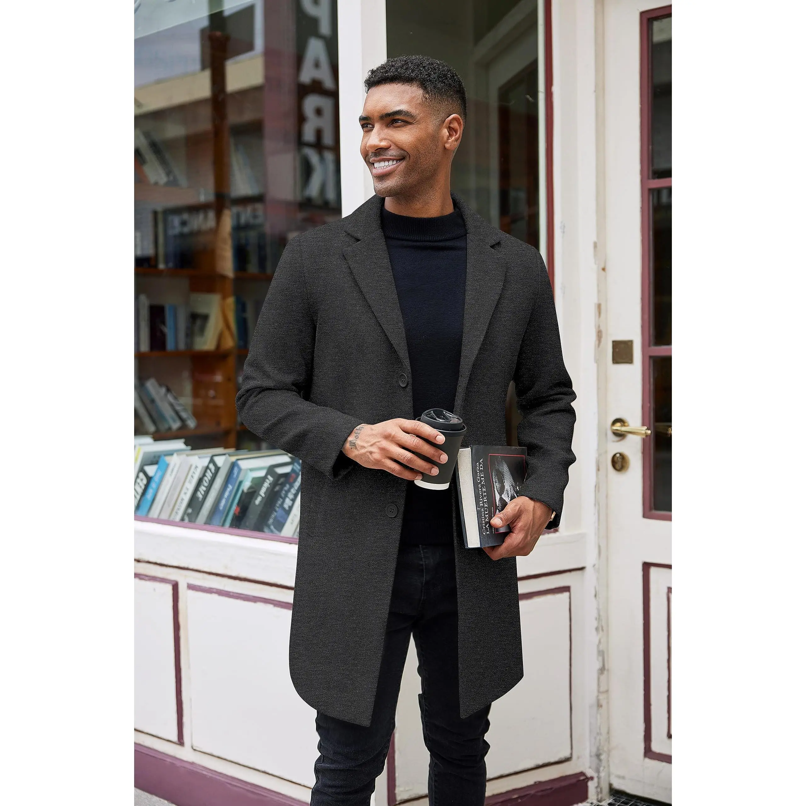 COOFANDY Menswear Wool Blend Winter Long Sleeve Trench Coat - Classic Notched Lapel, Single Breasted Design, Functional Pockets