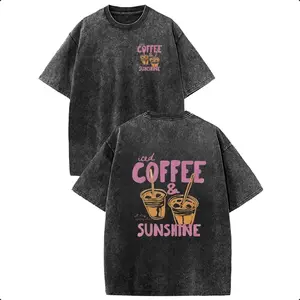 Vintage Washed Black "Iced Coffee & Sunshine" Double-Sided Graphic Oversized T-Shirt, Retro Coffee Lover Casual Streetwear Top for Men Women