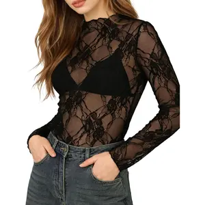 Mesh Long Sleeve Top for Women, Lace Sheer Tops See Through Mock Neck Floral Embroidery Sheer Blouce Fishnet Shirt