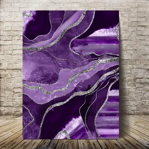 Purple Marble Agate Canvas Wall Art with Silver Accents, Wooden Framed Decor, Ready to Hang for Home and Living Room, Anniversary Gift Idea Ornaments Decoration Print Artistic Photo