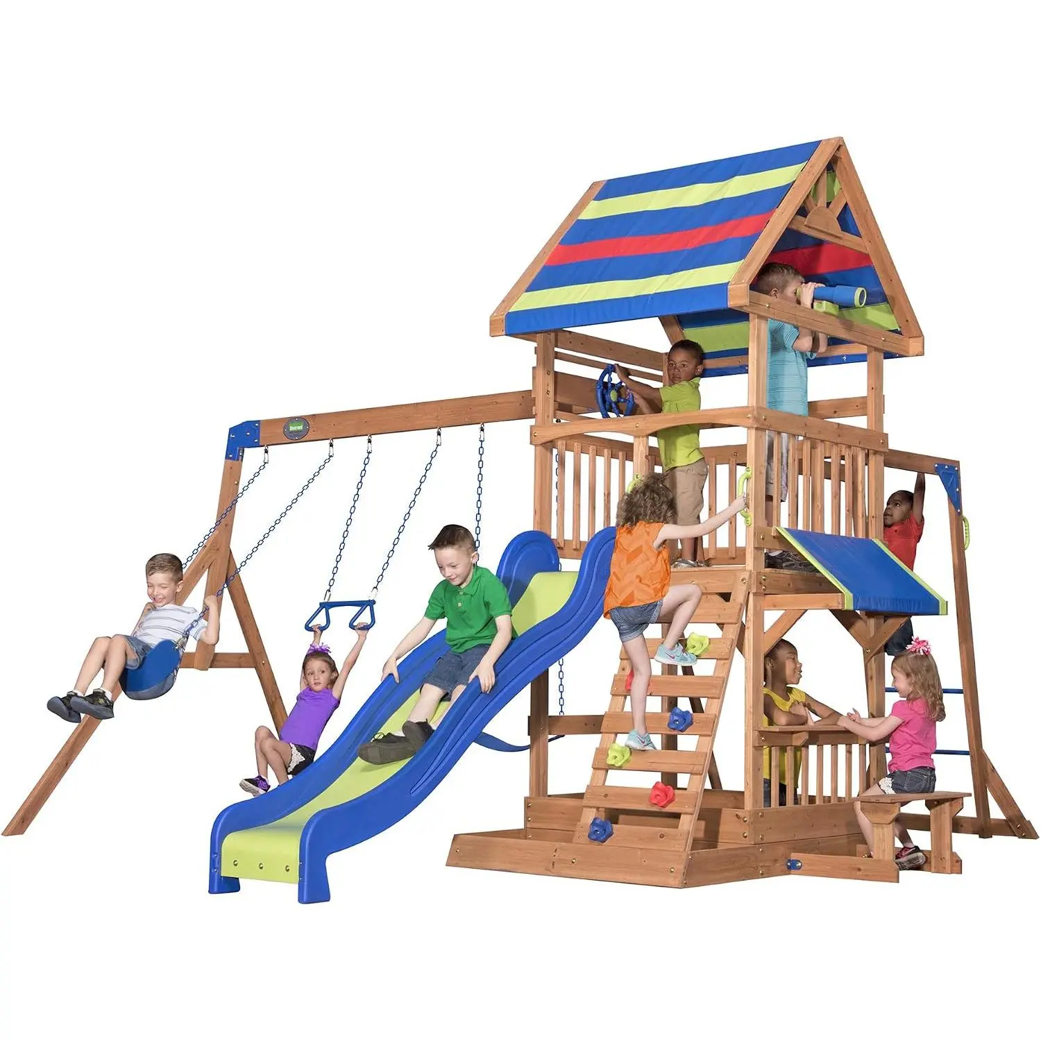 Backyard Discovery Beach Front Cedar Wood Swing Set with Wave Slide, Play Deck, Monkey Bars, Rock Wall Ladder, Shaded Picnic Area, Snack Bar, Belt Swings, Trapeze, Sandbox Area, Outdoor Playset